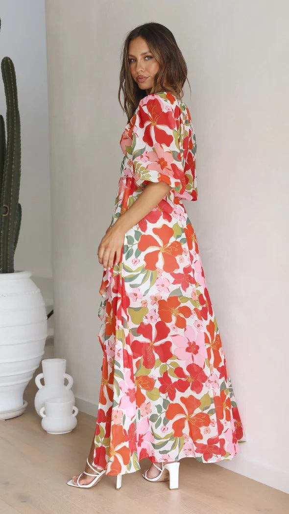 Red Floral High Slit Maxi Dress