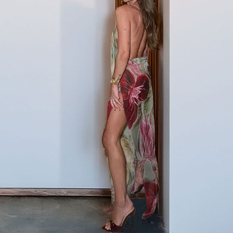 Halter-neck dress with French slit waist and tie back