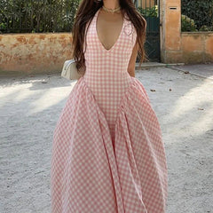 Elegant Halterneck V-Neck Pleated Waist French Dress
