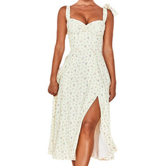 V-Neck Suspender Lace-Up Floral Slit Dress