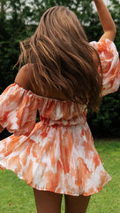 Orange Floral Off the Shoulder Pleated Dress