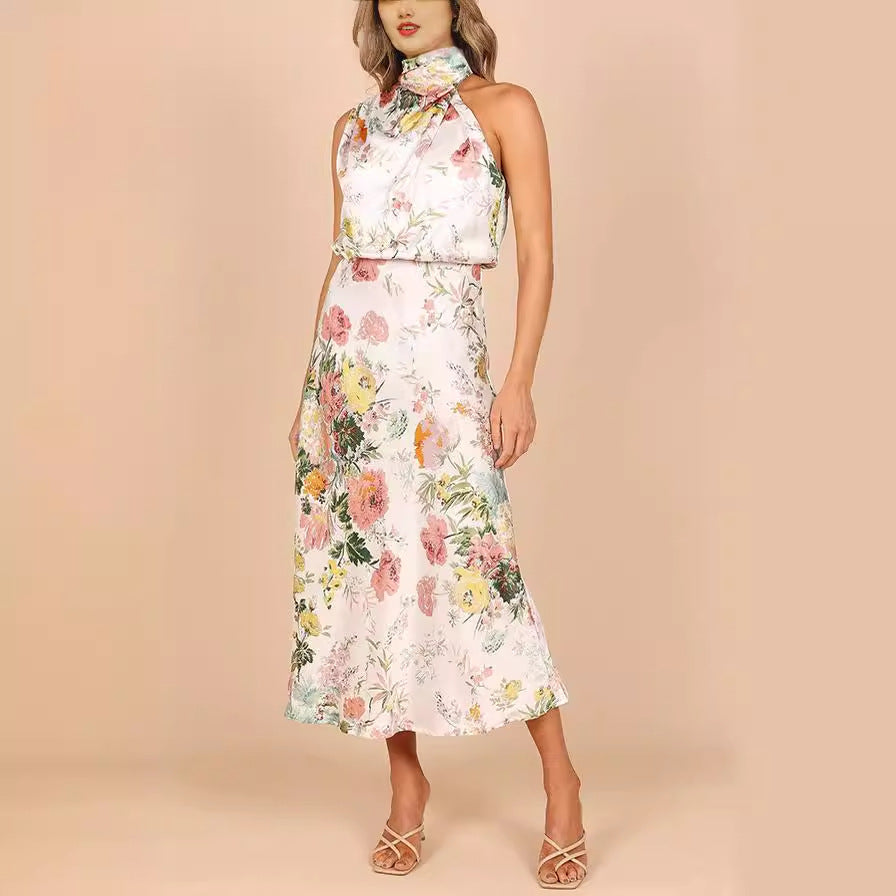 Green Floral Satin Midi Dress