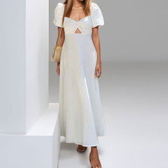 Hollow Puff Sleeve Solid Color Wide Waist Dress