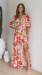 Red Floral High Slit Maxi Dress