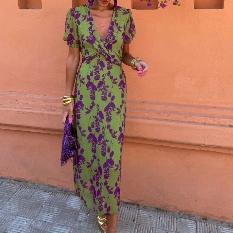 Contrast Color Print Elegant Slim Fit V-Neck Short Sleeve Dress