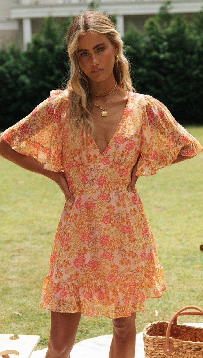 Orange Floral Backless Dress