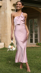 Blush One Shoulder Satin Midi Dress