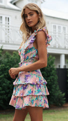 Teal Rose Floral Frill Backless Dress