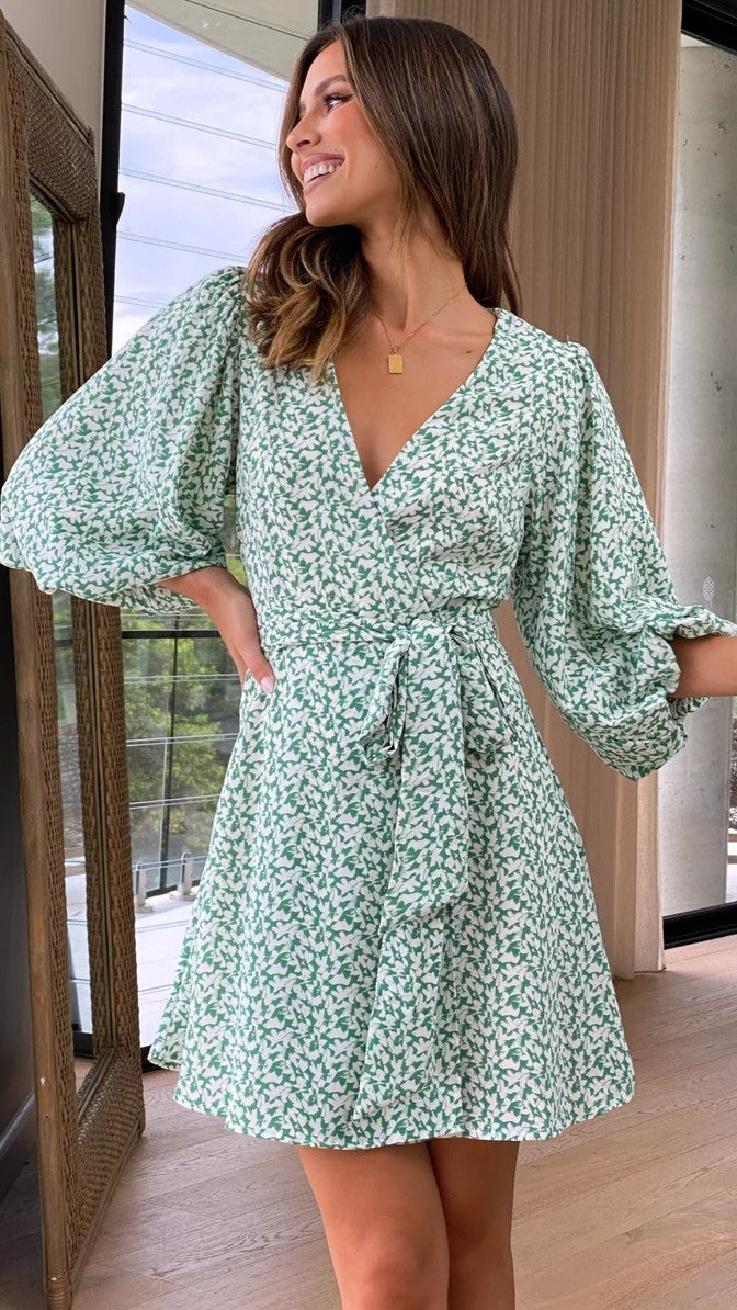 Green Floral Waist Tie Mini Dress