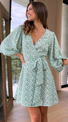 Green Floral Waist Tie Mini Dress