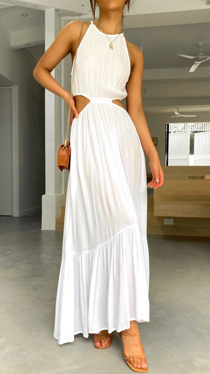 White Cutout Waist Midi Dress