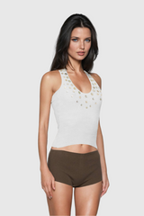 Pihu Sequin Halter Neck Backless Top In Apricot
