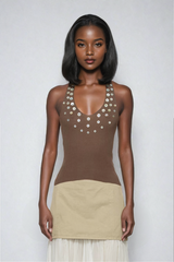Pihu Sequin Halter Neck Backless Top In Brown