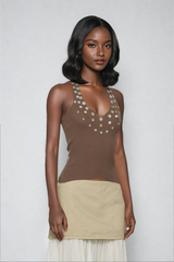 Pihu Sequin Halter Neck Backless Top In Brown