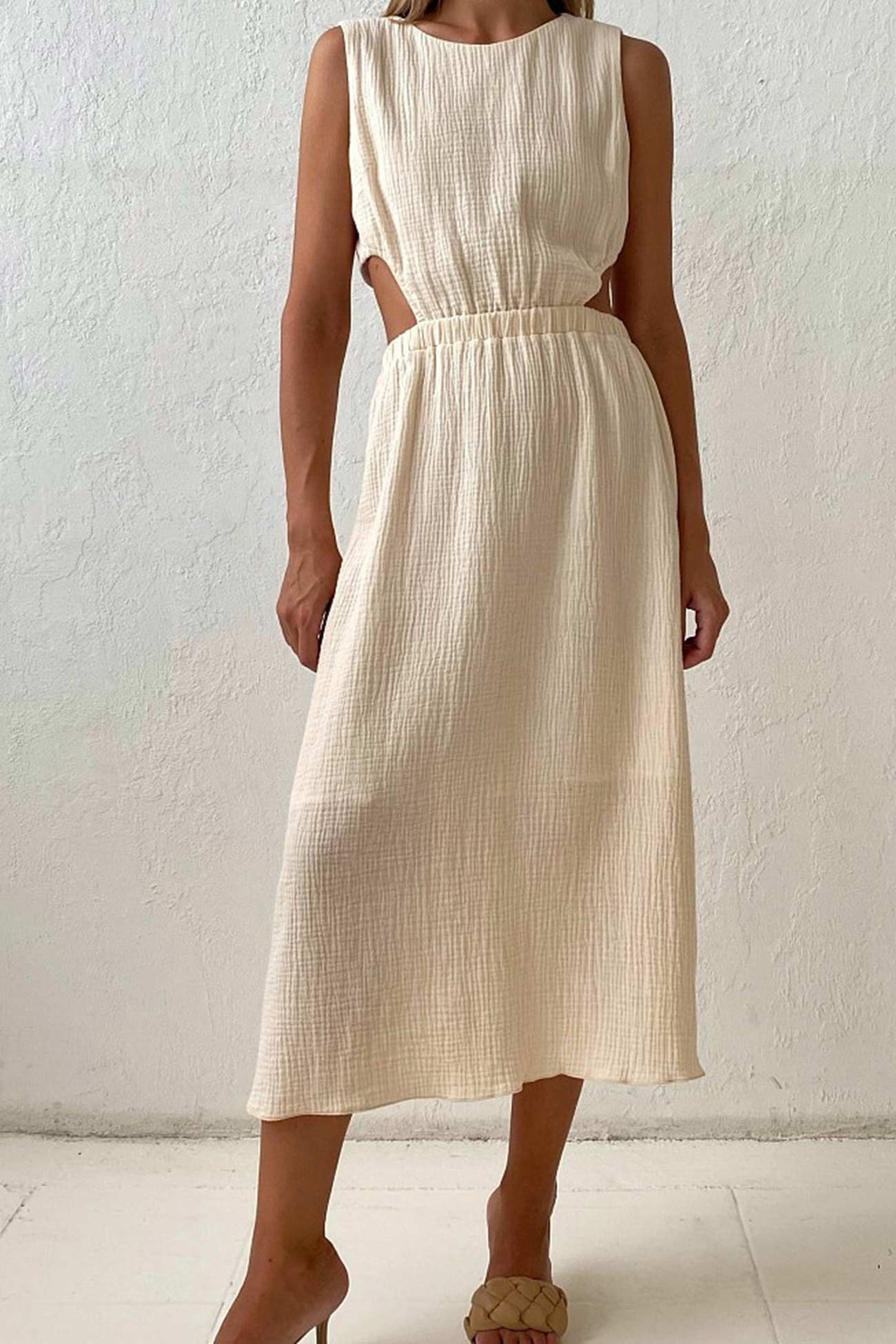 Pleated Single-breasted Bare Waist Tank Dress