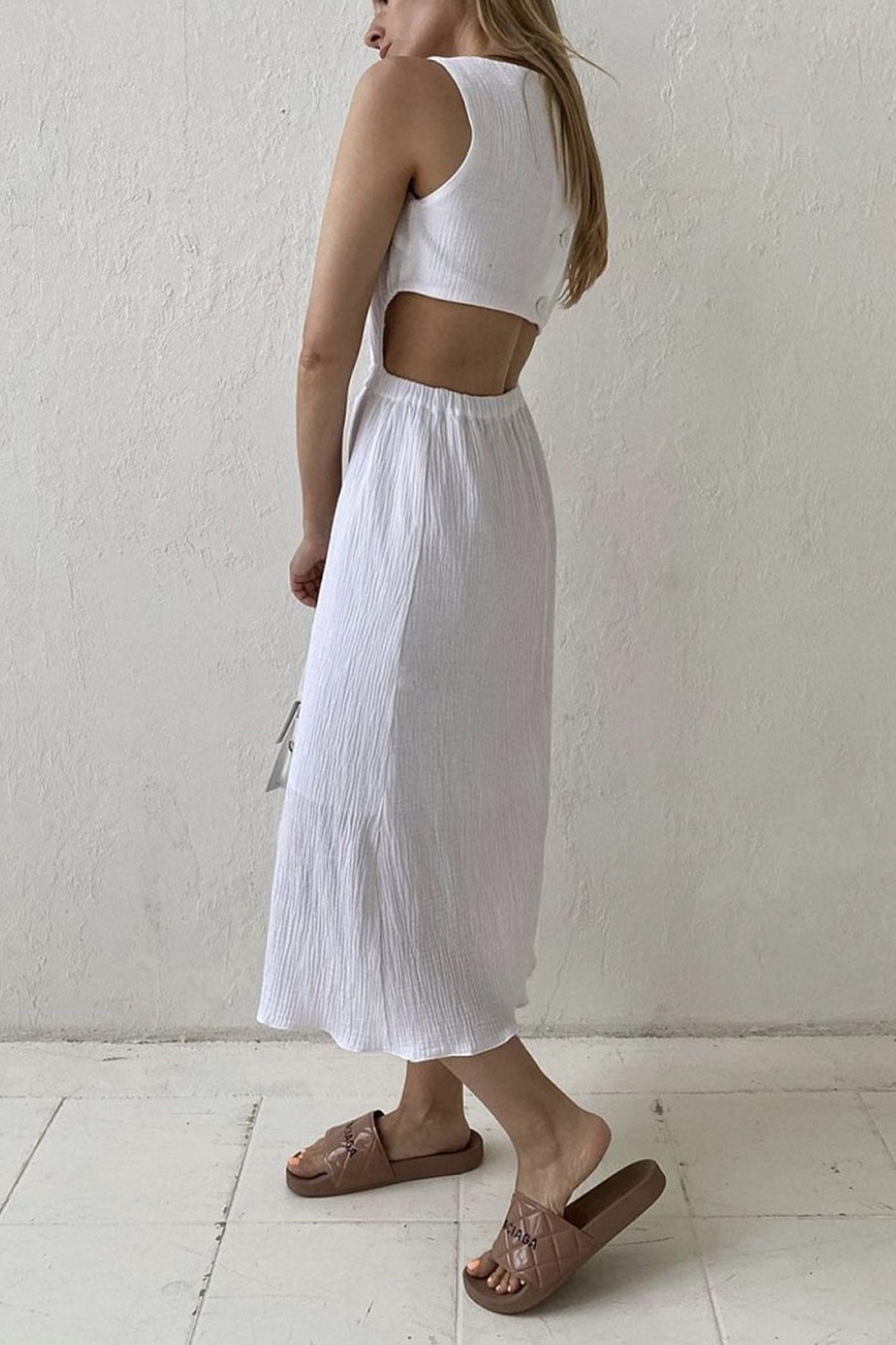 Pleated Single-breasted Bare Waist Tank Dress