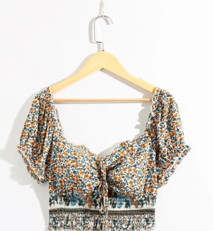 Floral Front-Tie Smocked Crop Top