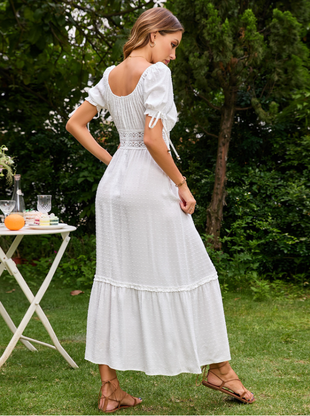 White Dot Elegant Dress Women Summer Square Collar Tie Up Short Sleeve Dress