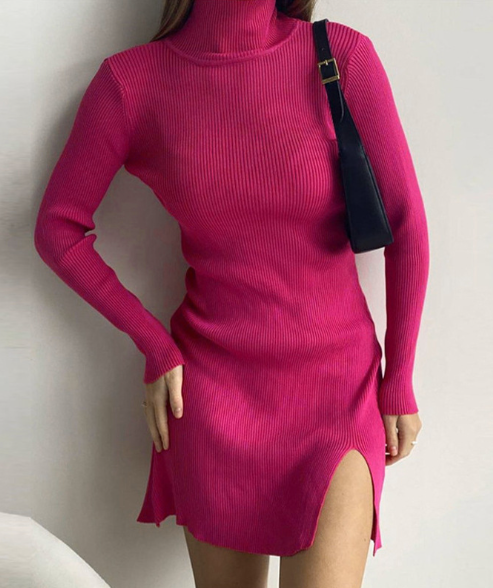 Winter Woman Knitted Dress Office Ladies Turtleneck Bodycon Dresses Split Mini Knitting Dress