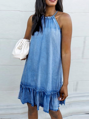Open-back denim hanging neck dress women's dress