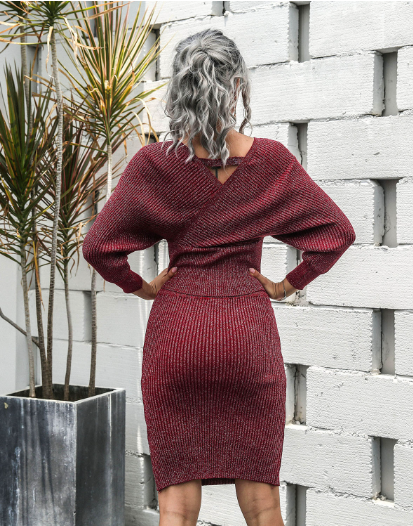 word collar bat sleeve sweater backless two-piece hip sweater skirt