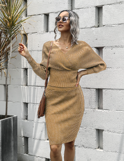 word collar bat sleeve sweater backless two-piece hip sweater skirt