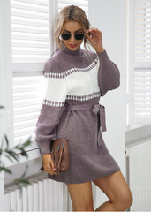 Knitted semi-turtleneck lantern sleeve color matching sweater skirt