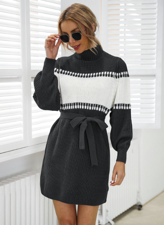 Knitted semi-turtleneck lantern sleeve color matching sweater skirt