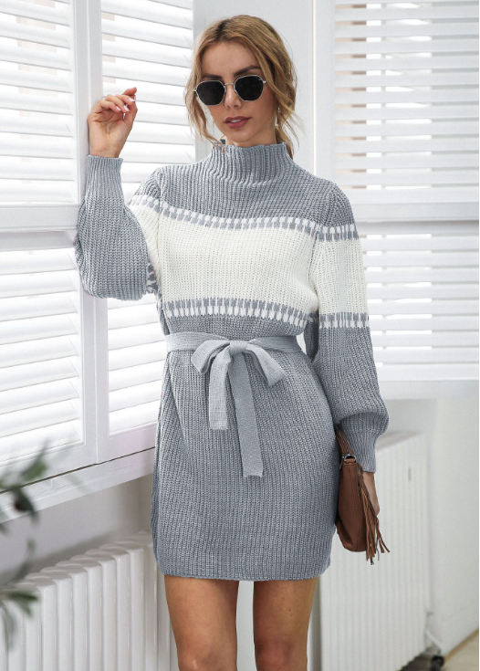 Knitted semi-turtleneck lantern sleeve color matching sweater skirt