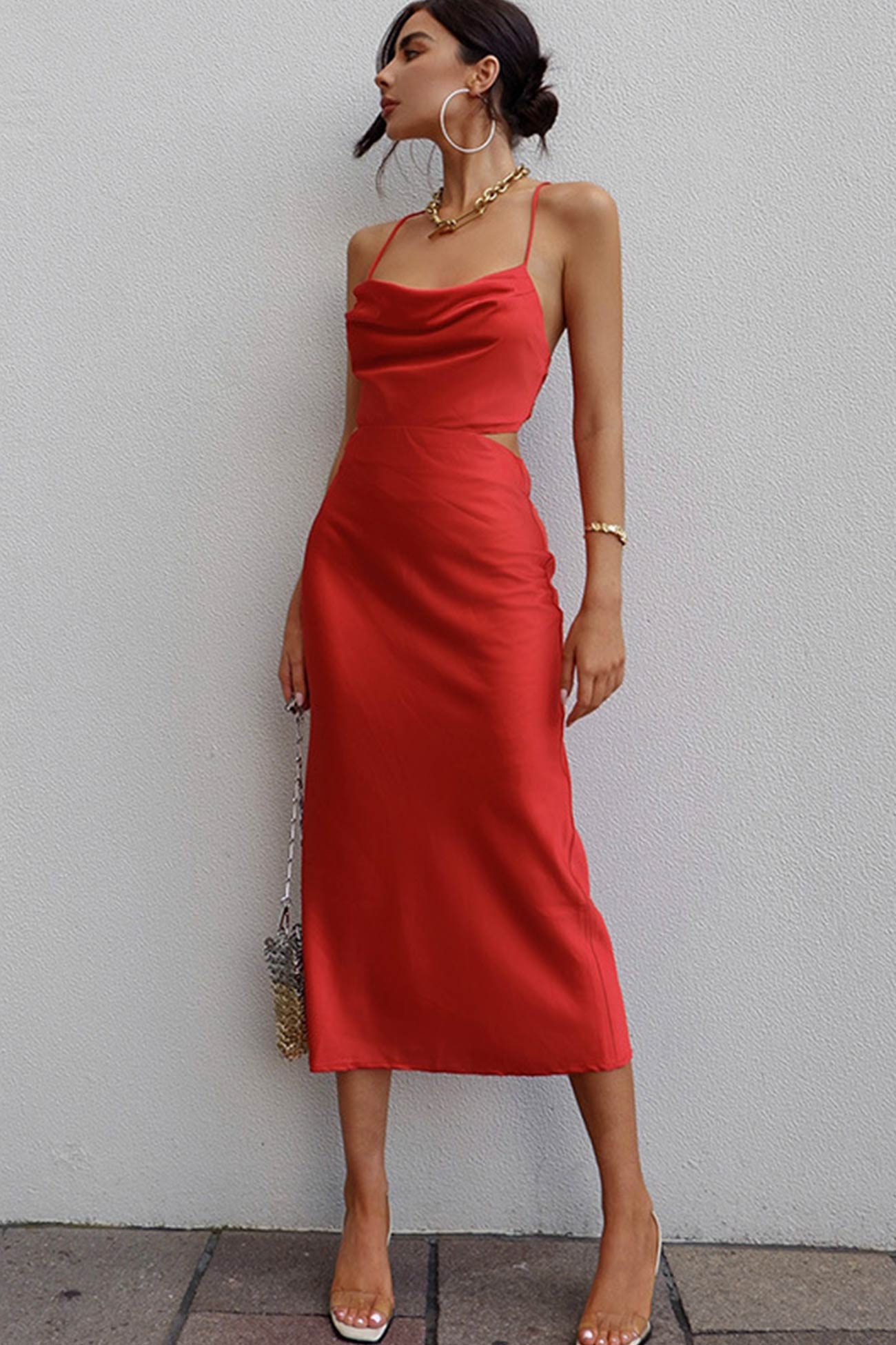 Satin Cowl Neck Tie-back Cami Dress