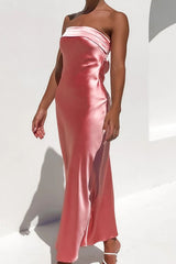 Satin Solid Color Strapless Midi Dress