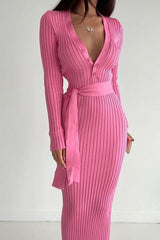 Single-breasted Tie-waist Ribbed Knit Dress