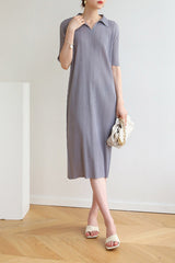 Striped Polo Neck Full Pleated Dress