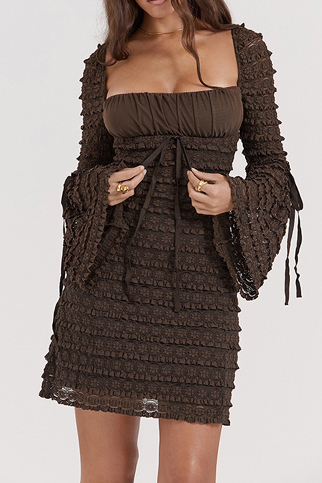 Tiered Lace Flares Sleeve A-line Dress