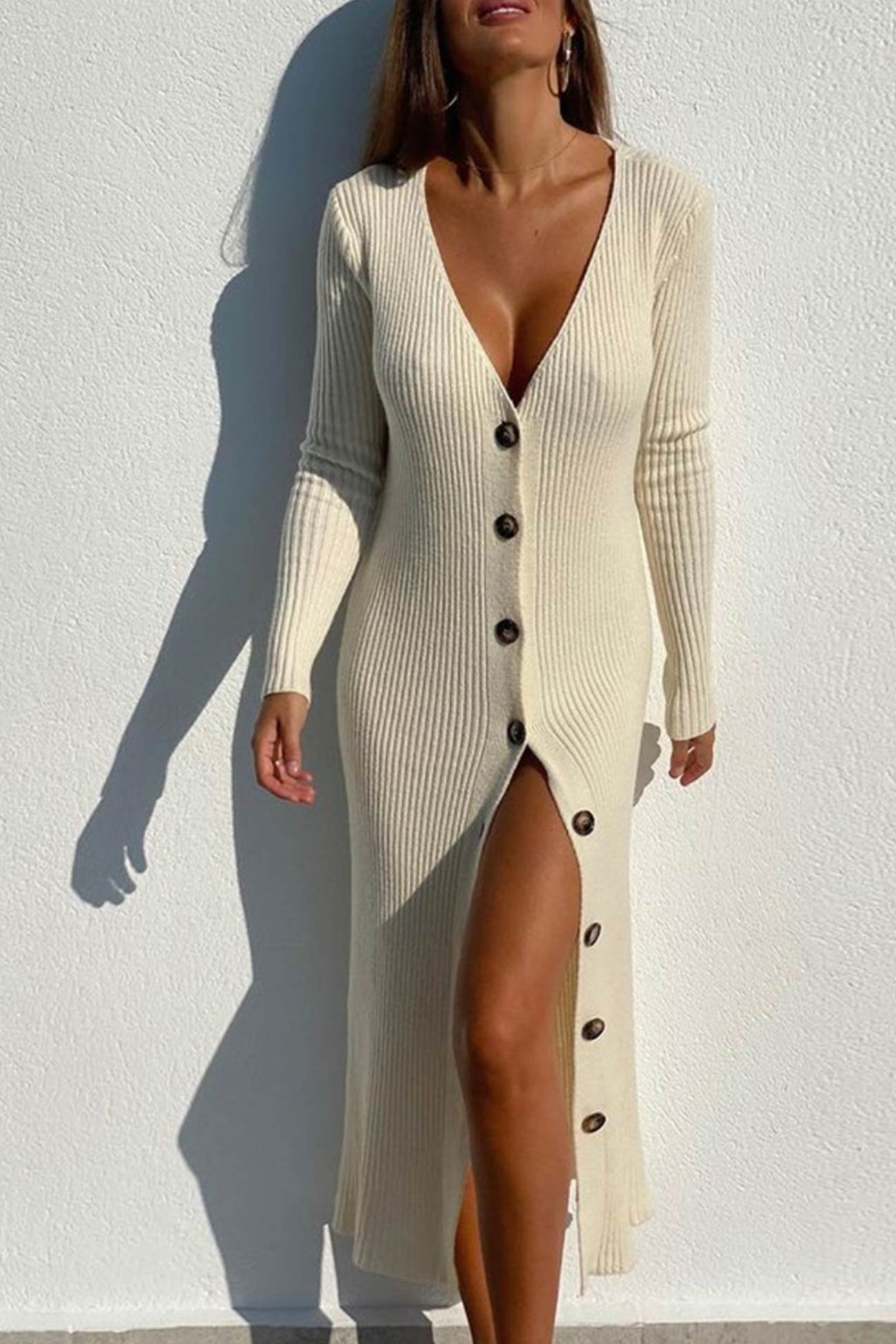V Neck Single-breasted Solid Color Knitted Dress