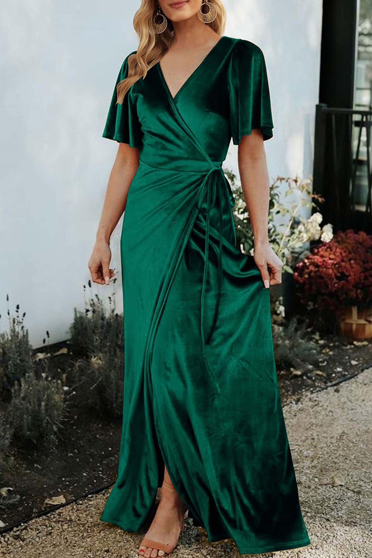Velvet V Neck Strappy Slit Dress