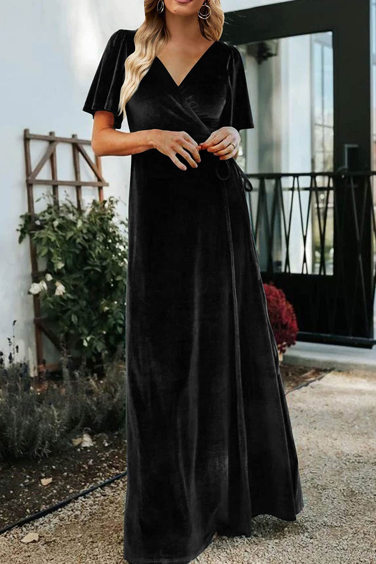 Velvet V Neck Strappy Slit Dress