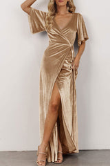 Velvet V Neck Strappy Slit Dress