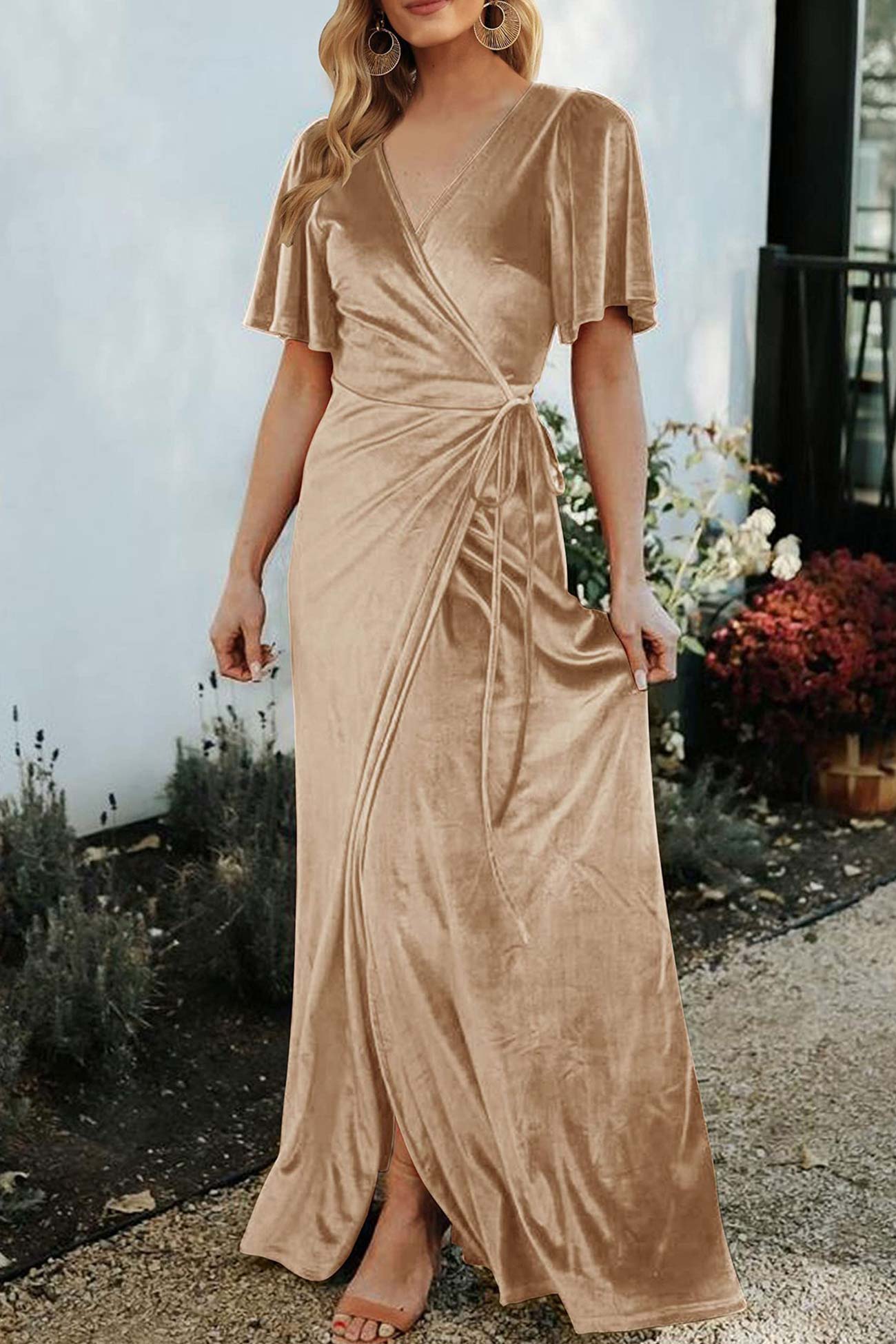 Velvet V Neck Strappy Slit Dress