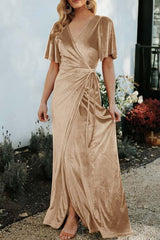 Velvet V Neck Strappy Slit Dress