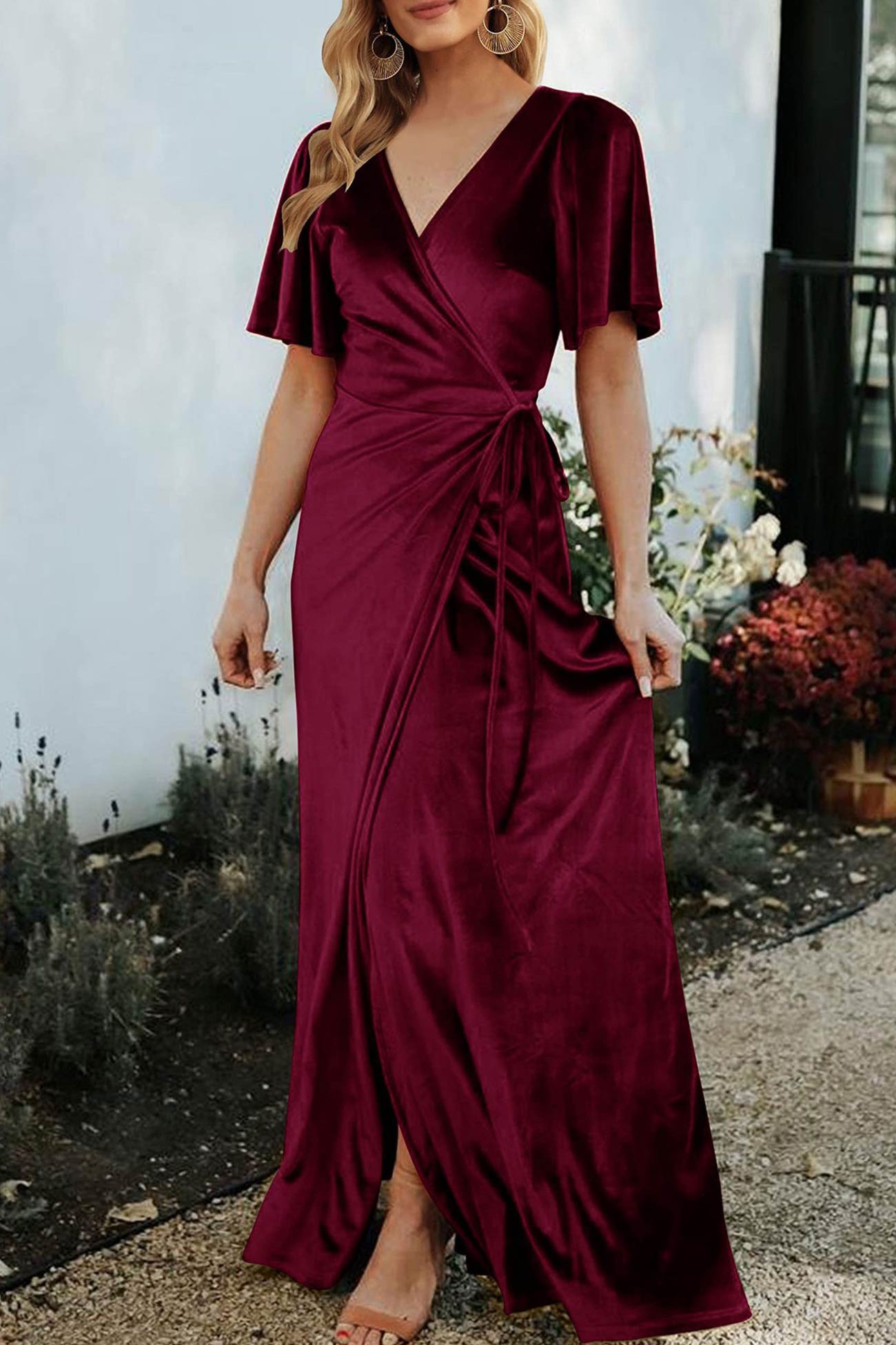 Velvet V Neck Strappy Slit Dress
