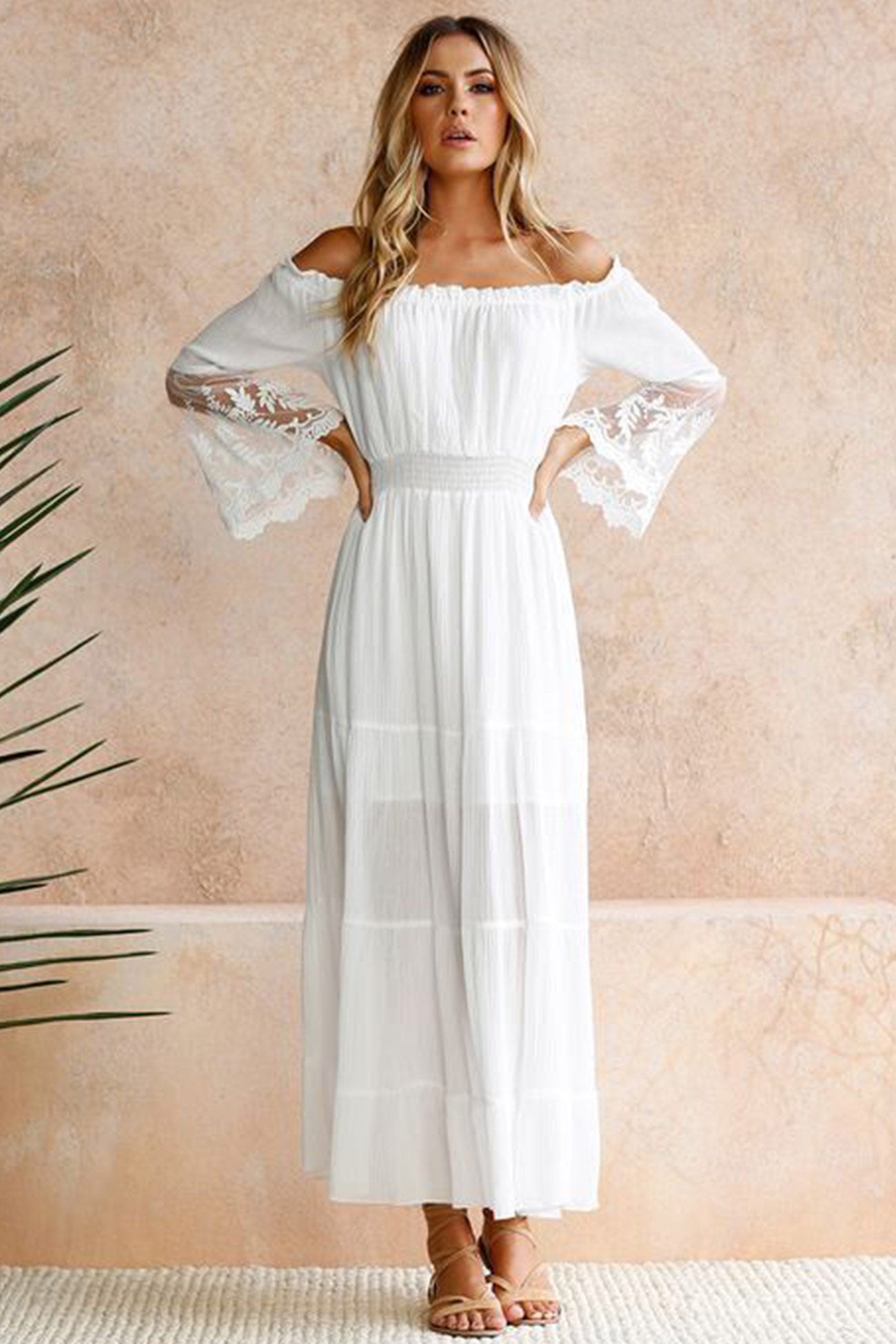 White Off Shoulder Lace Puff Sleeve Dress