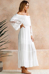 White Off Shoulder Lace Puff Sleeve Dress