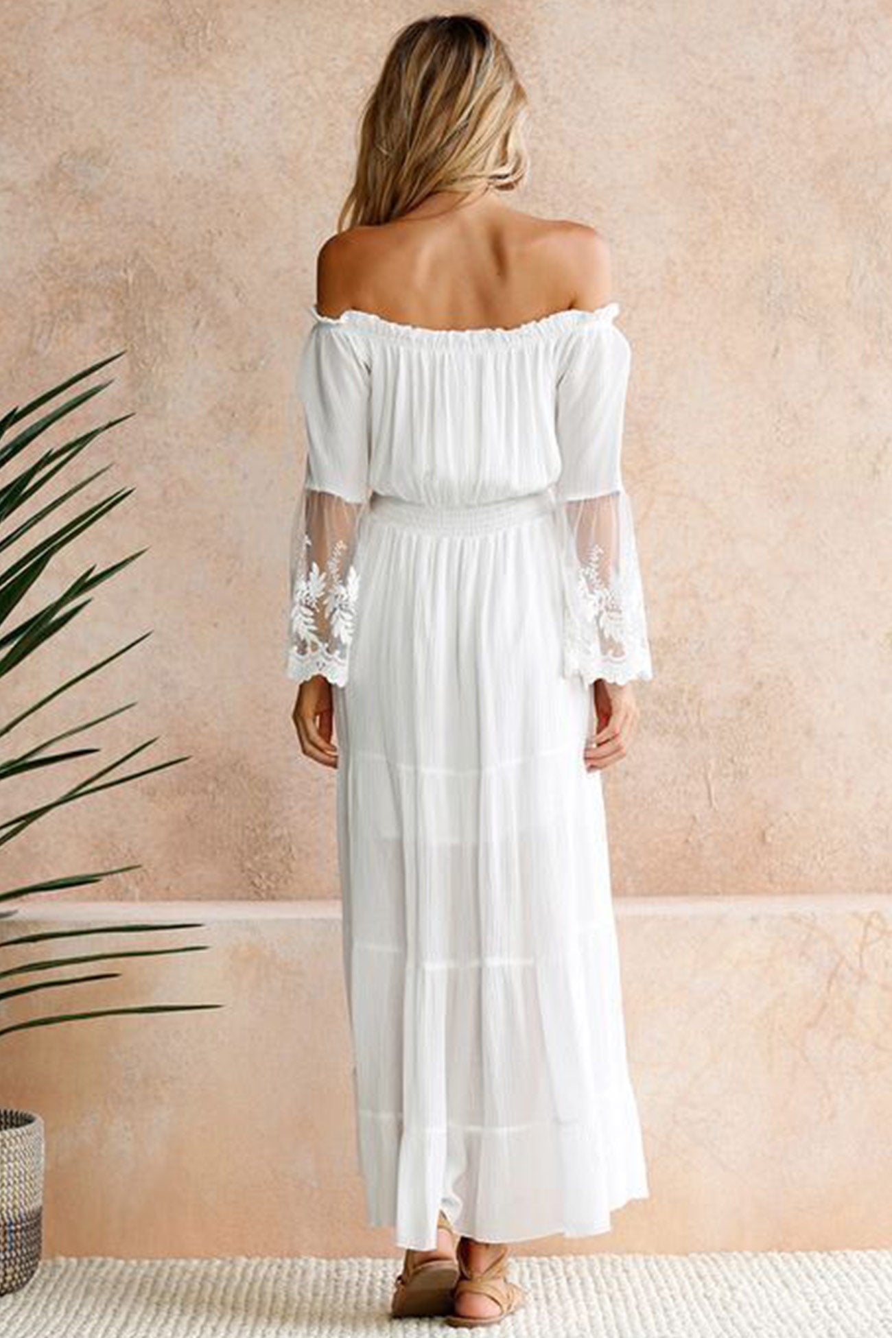 White Off Shoulder Lace Puff Sleeve Dress