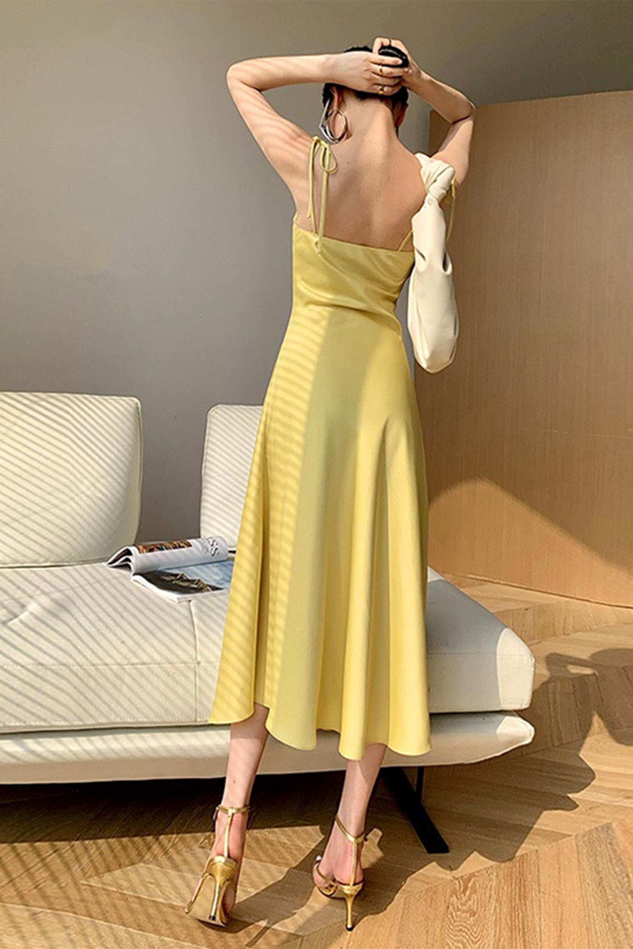 Yellow Satin Ruched Cami Dress