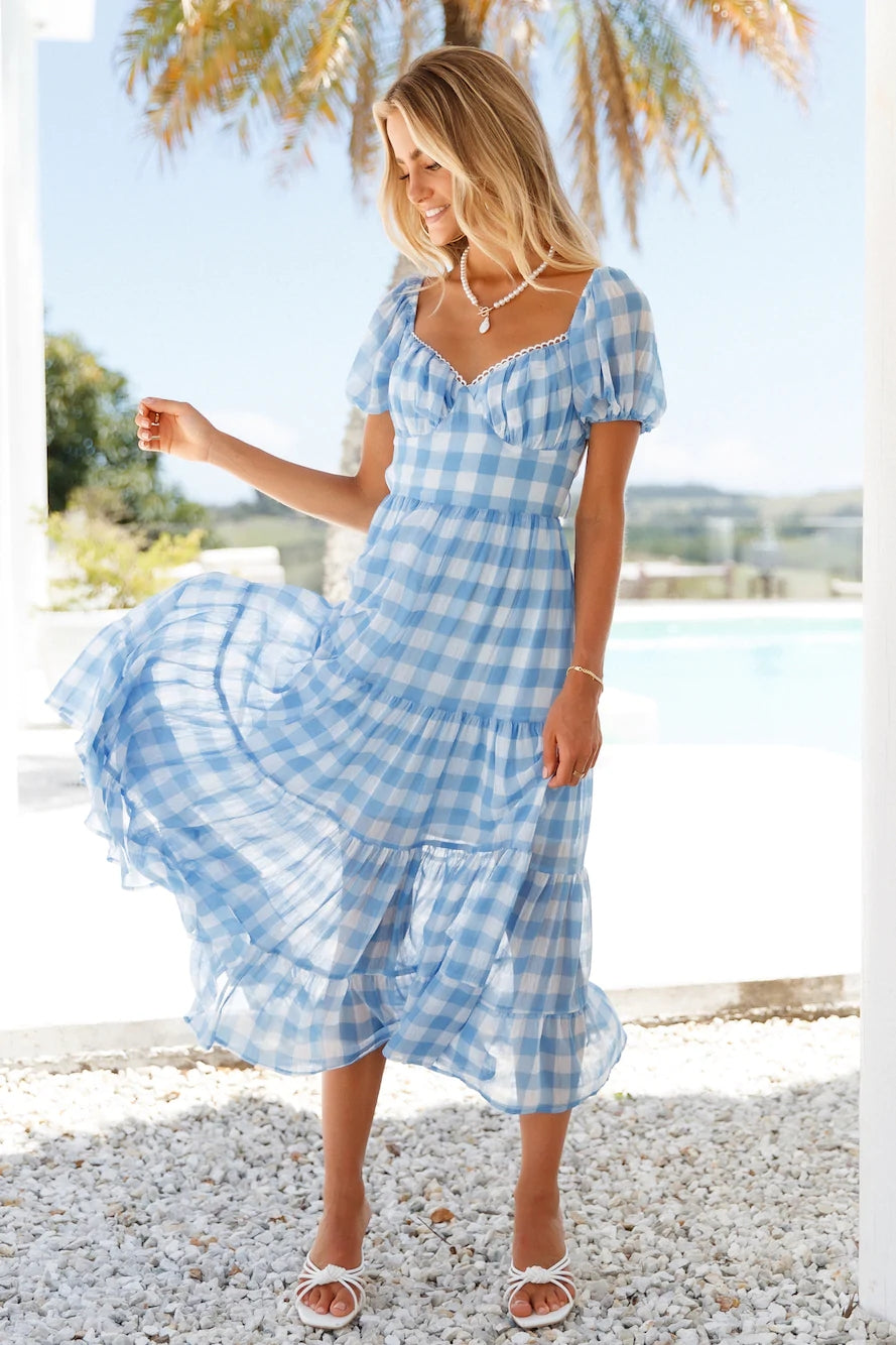 Blue Gingham Print Open Back Midi Dress