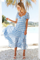 Blue Gingham Print Open Back Midi Dress