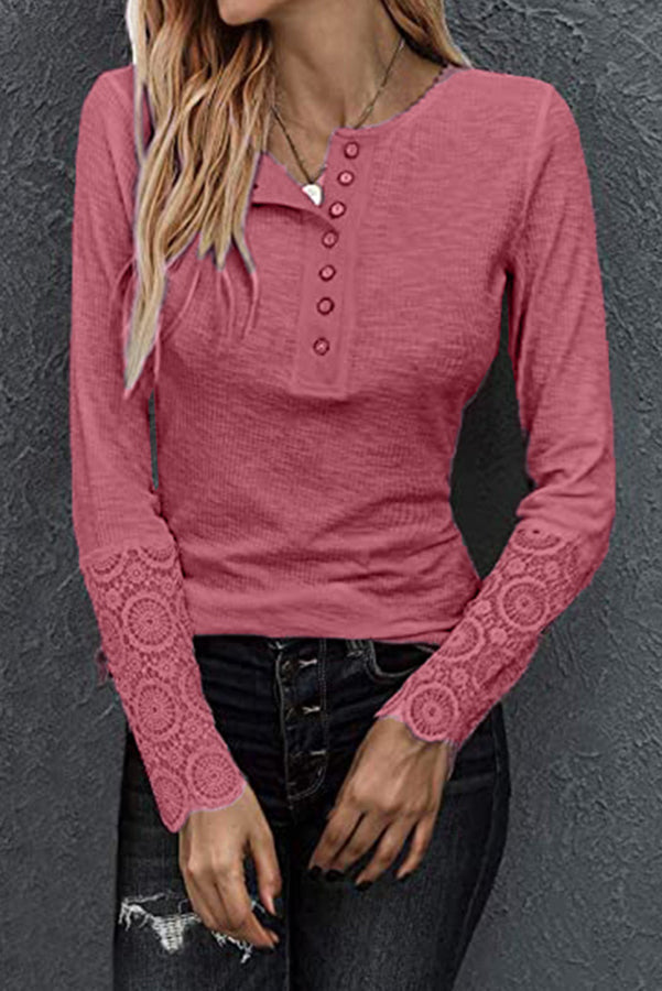 Solid Color Button Crochet Lace Long Sleeve Top