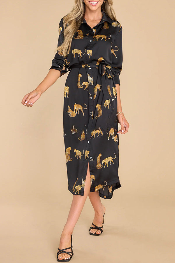 Going Wild Satin Leopard Print Button Down Long Sleeve Midi Dress