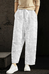 Wishing for It  Cotton Linen Patchwork Flower Elastic Waist Pocketed Pants